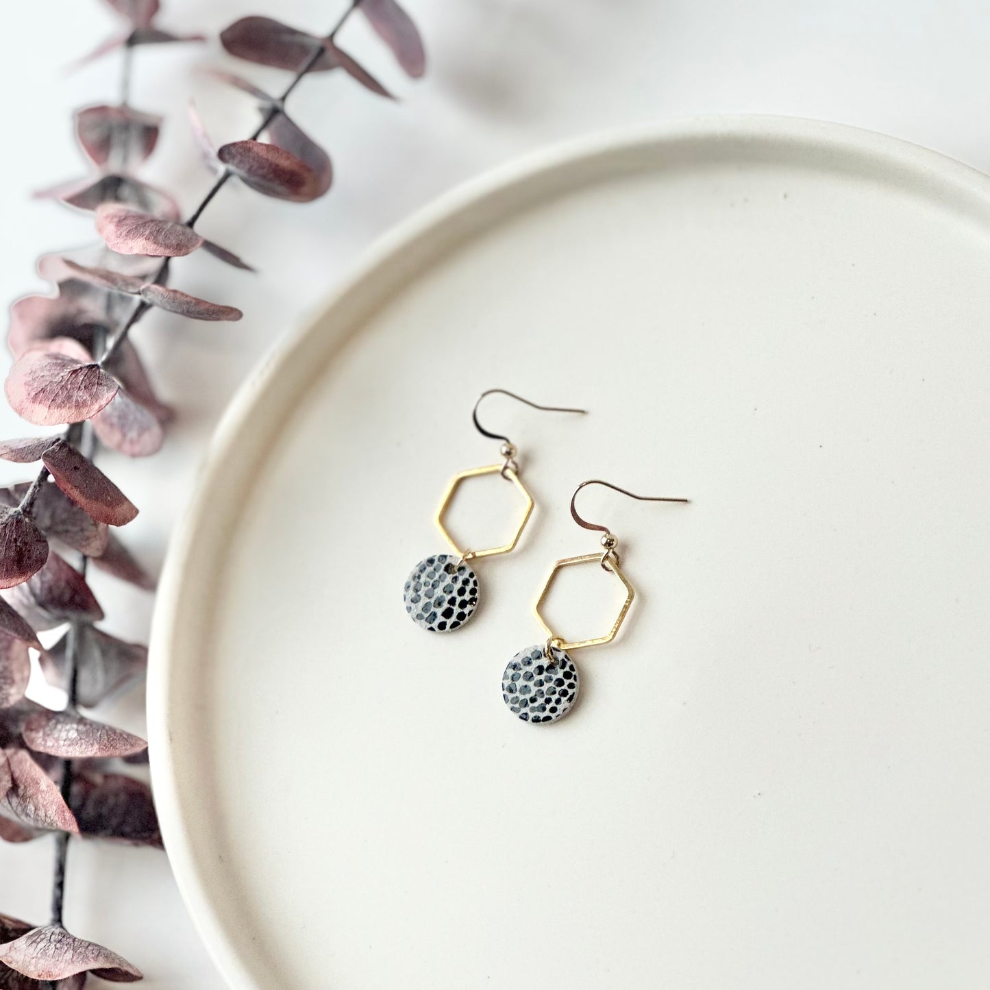 Mini Dalmatian Leather + Hexagon Earrings