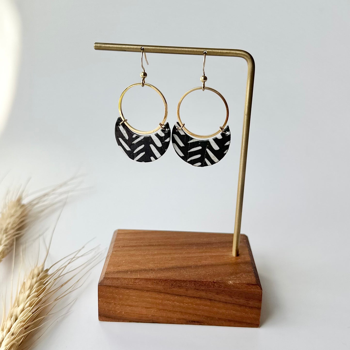 Black and White Chevron Cork Leather Crescent + Hoop Earrings