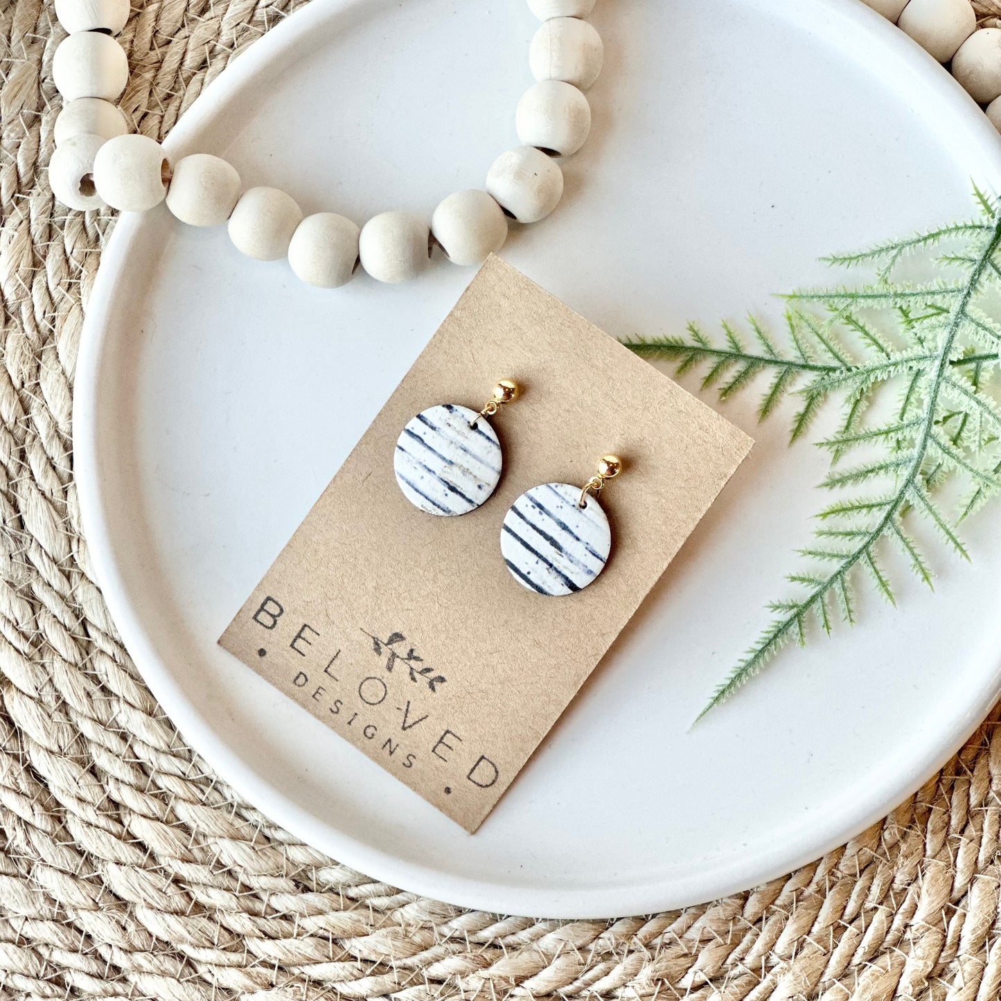 Black and White Stripe Cork Leather Circle + Stud Earrings