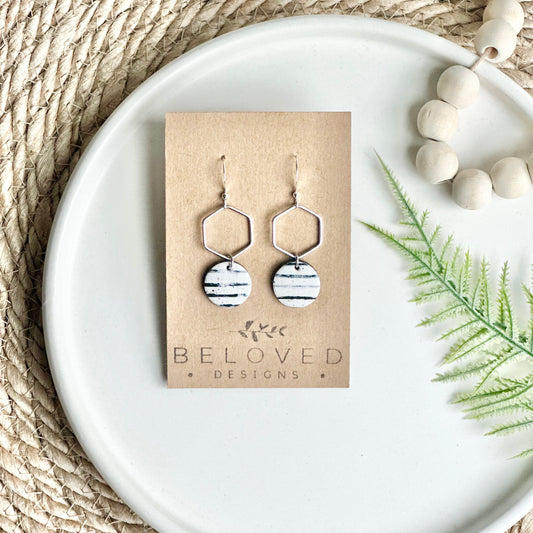 Black and White Stripe Cork Leather + Hexagon Earrings