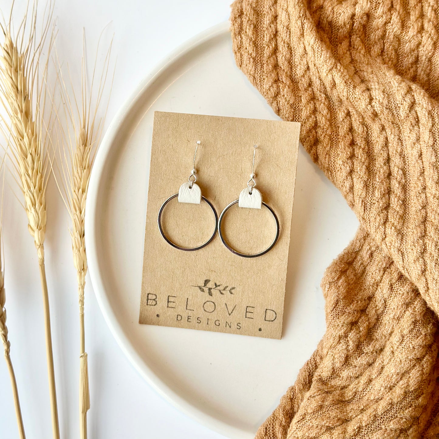 Cream Leather + Rhodium Hoop Earrings - Medium