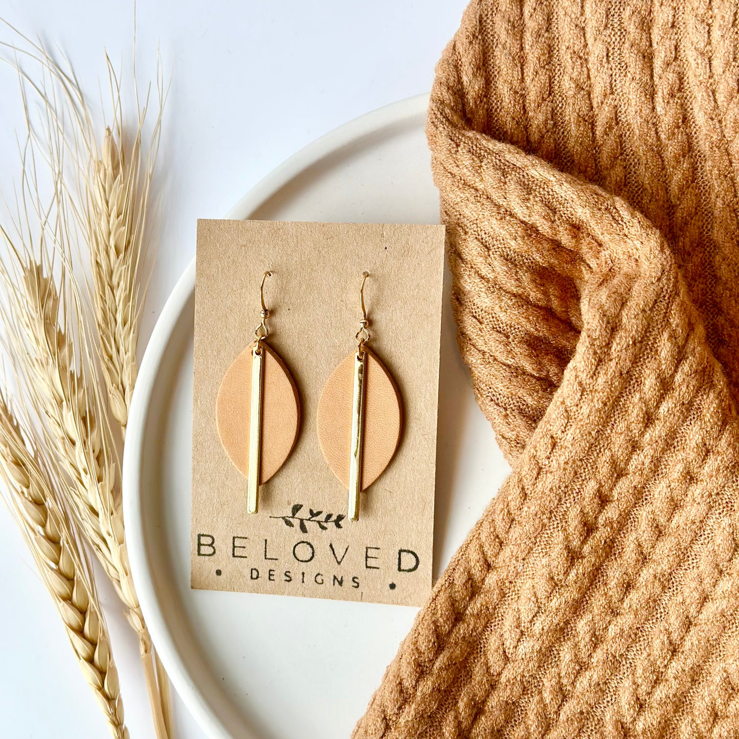 Natural Leather Leaf + Gold Bar Earrings