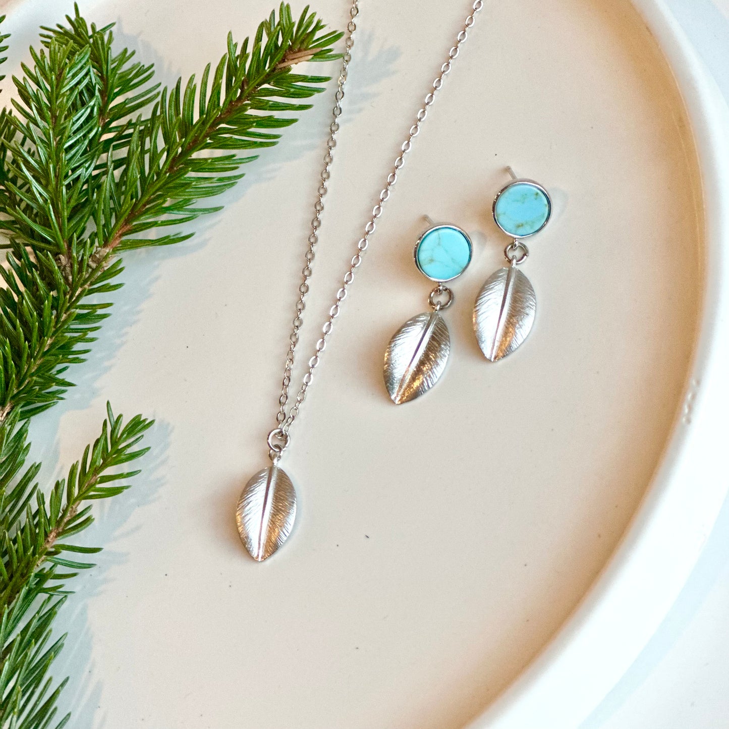 Rhodium Turquoise Leaf Set