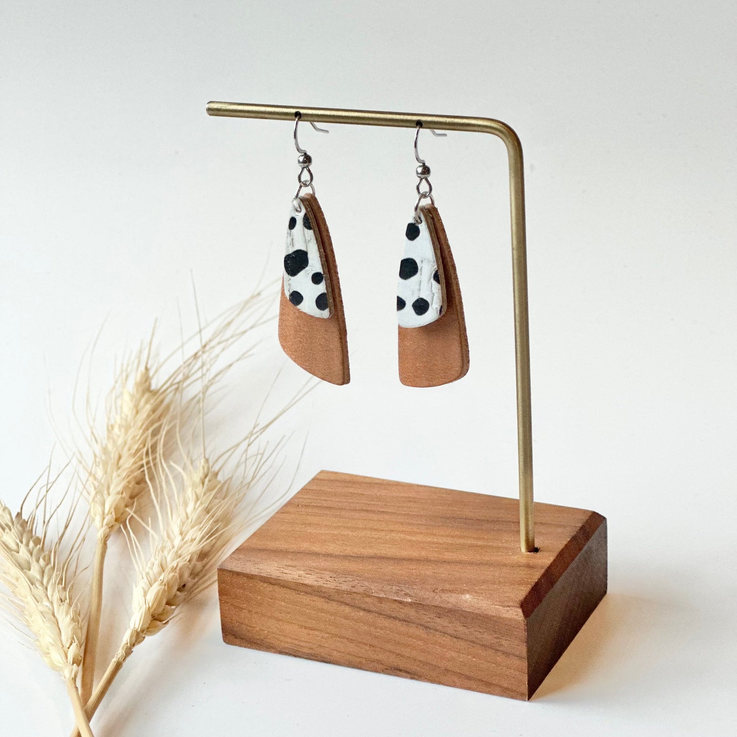 Natural Leather + Dalmatian Cork Drop Leaf Earrings