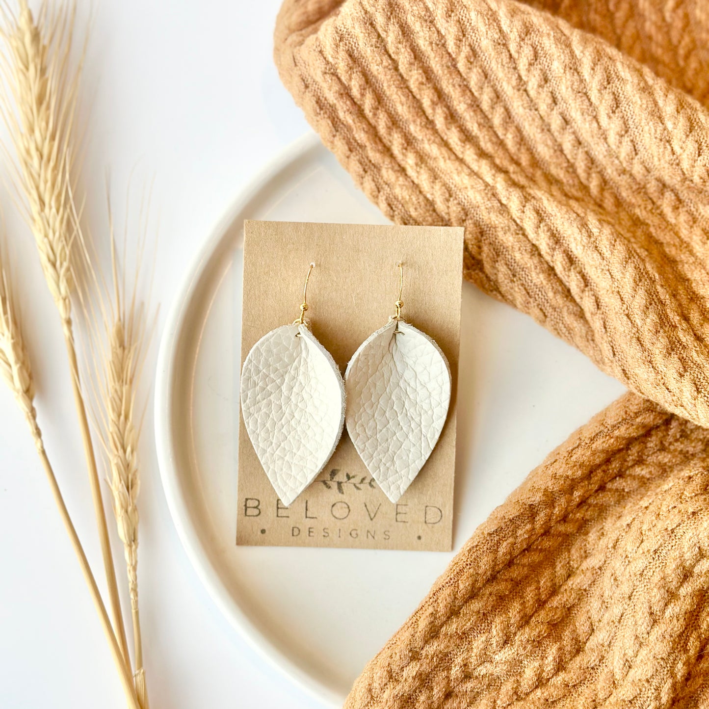 Almond Leather Folded Leaf Earrings - Large