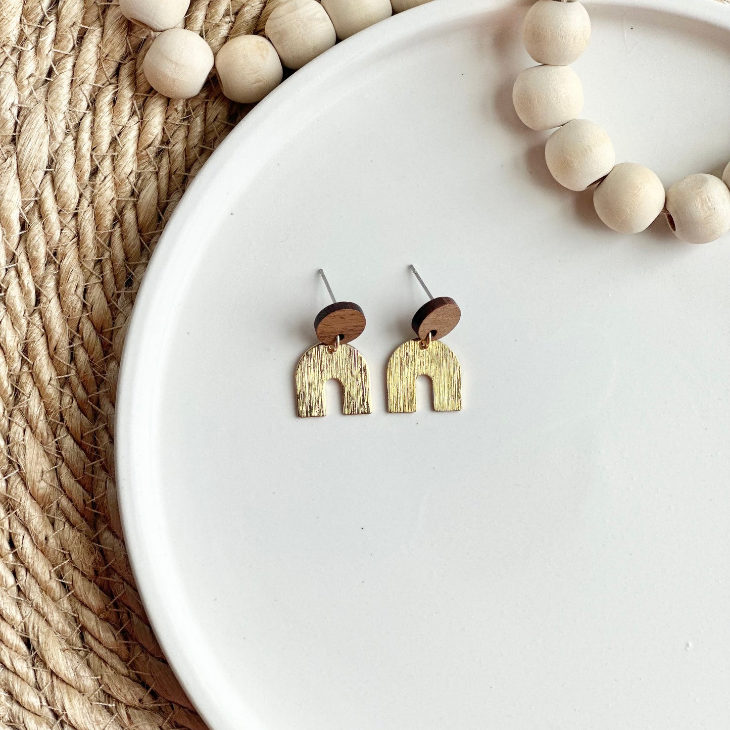 Brushed Gold Plated Arch + Wood Stud Earrings