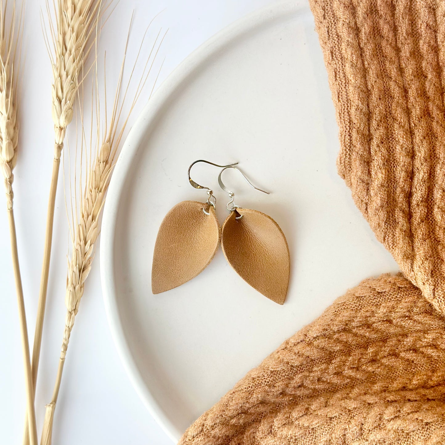 Camel Leather Folded Leaf Earrings - Small