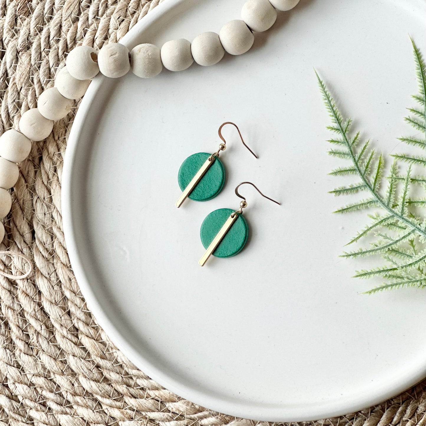 Emerald Green Leather Circle + Bar Earrings