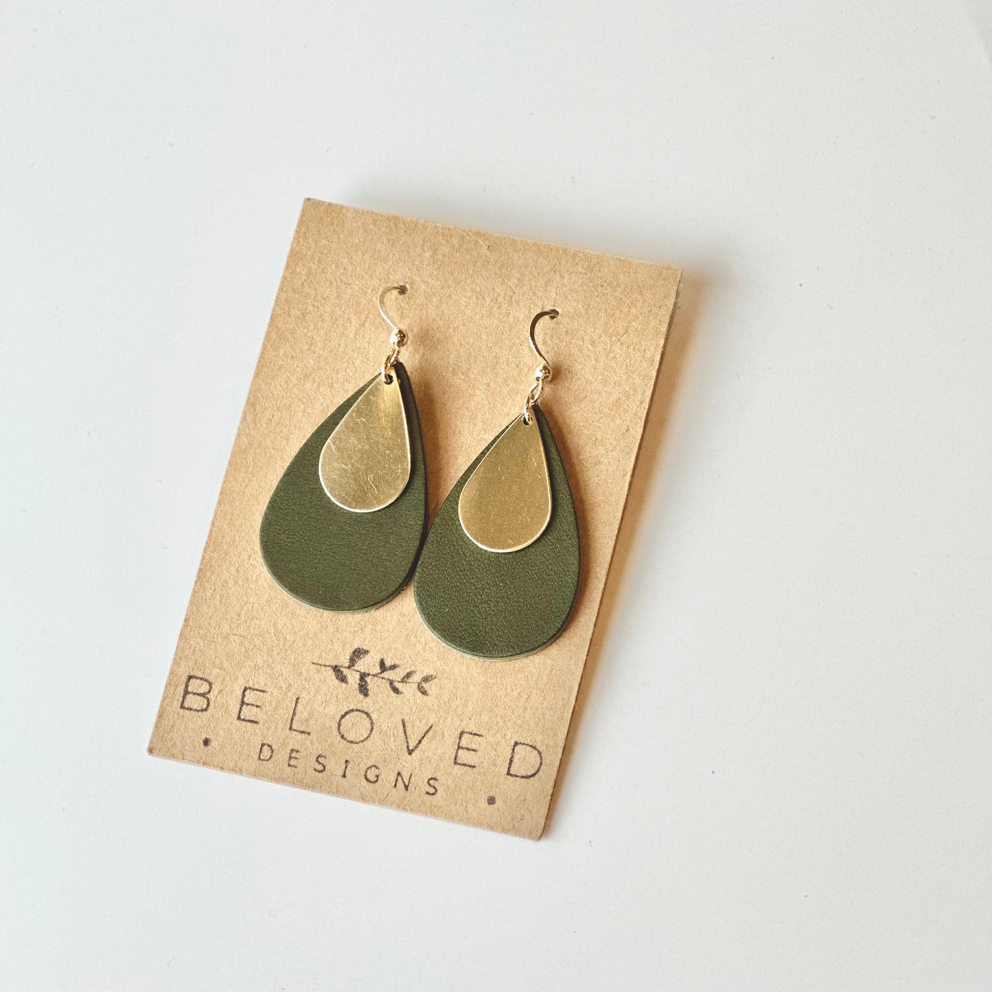 Leather Teardrop +  Brass Earrings | Olive