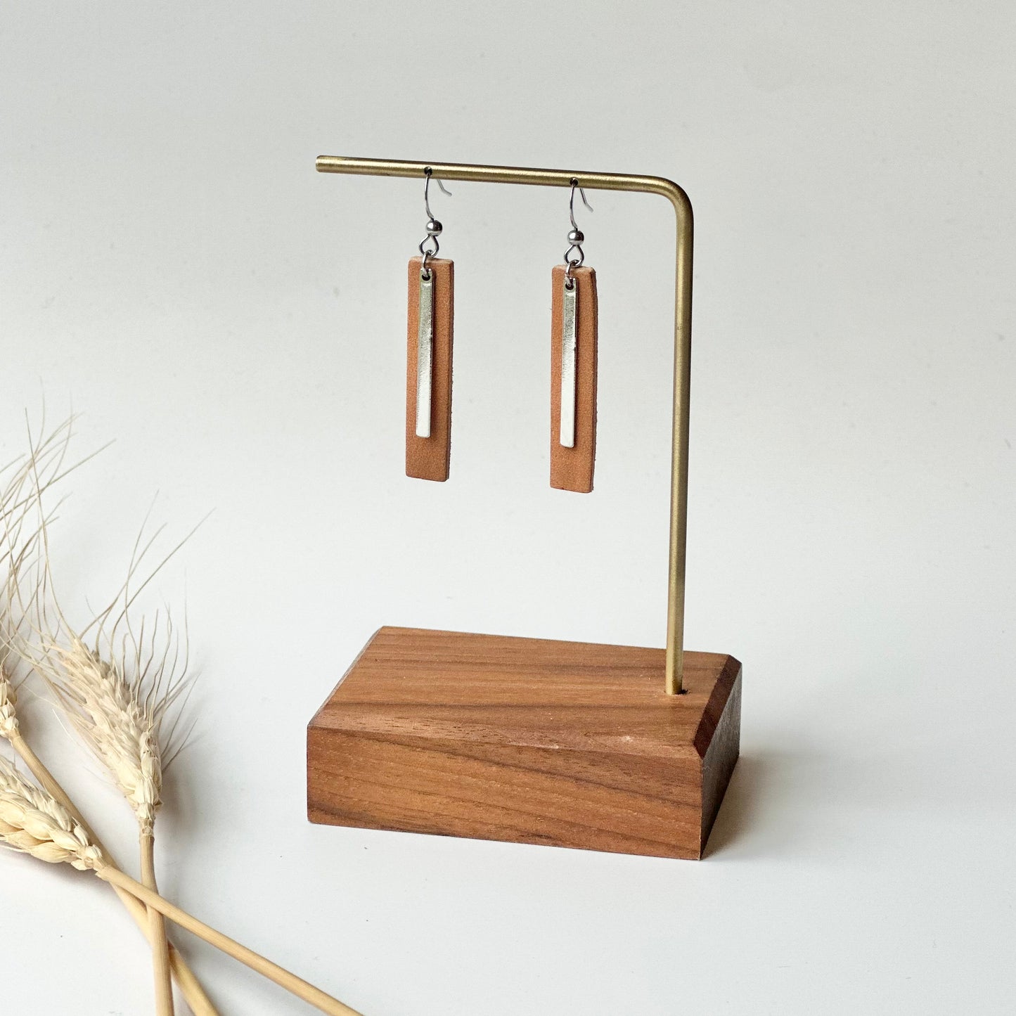 Natural Leather Bar + Rhodium Bar Earrings