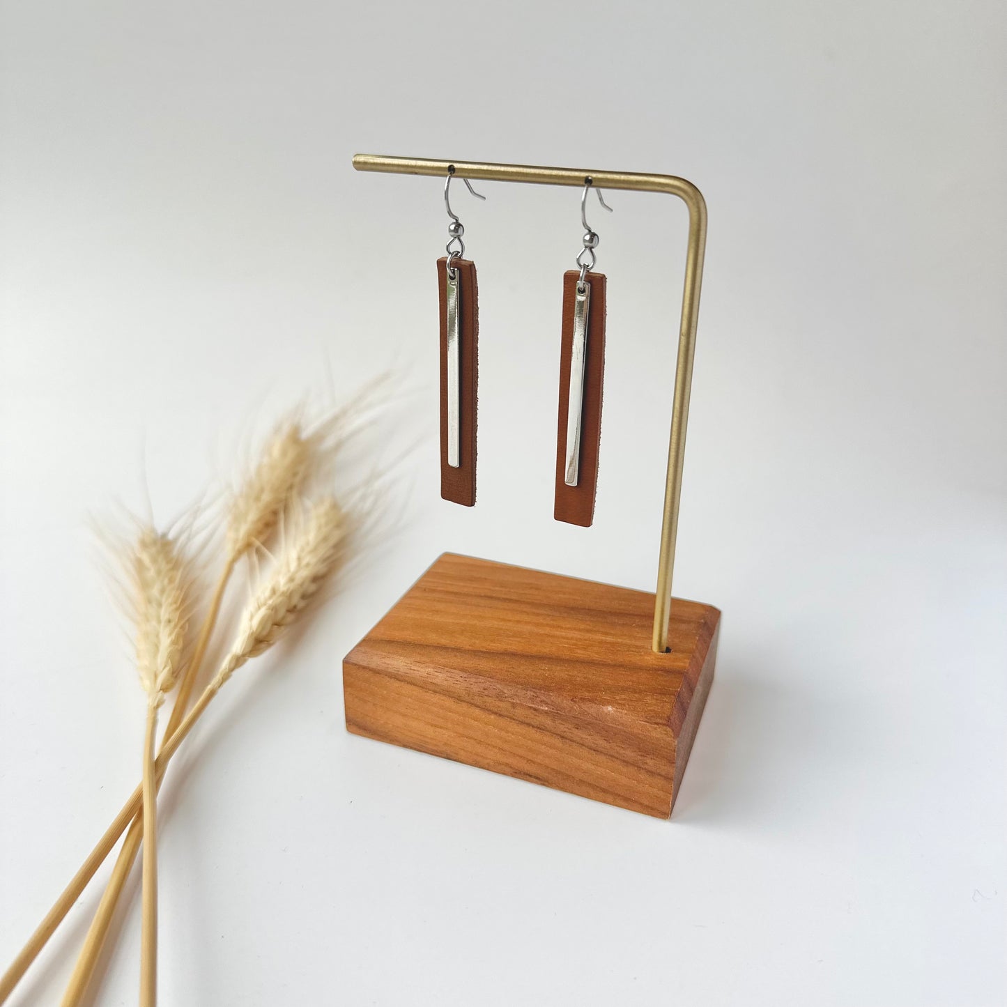 Cognac Leather Bar + Rhodium Bar Earrings