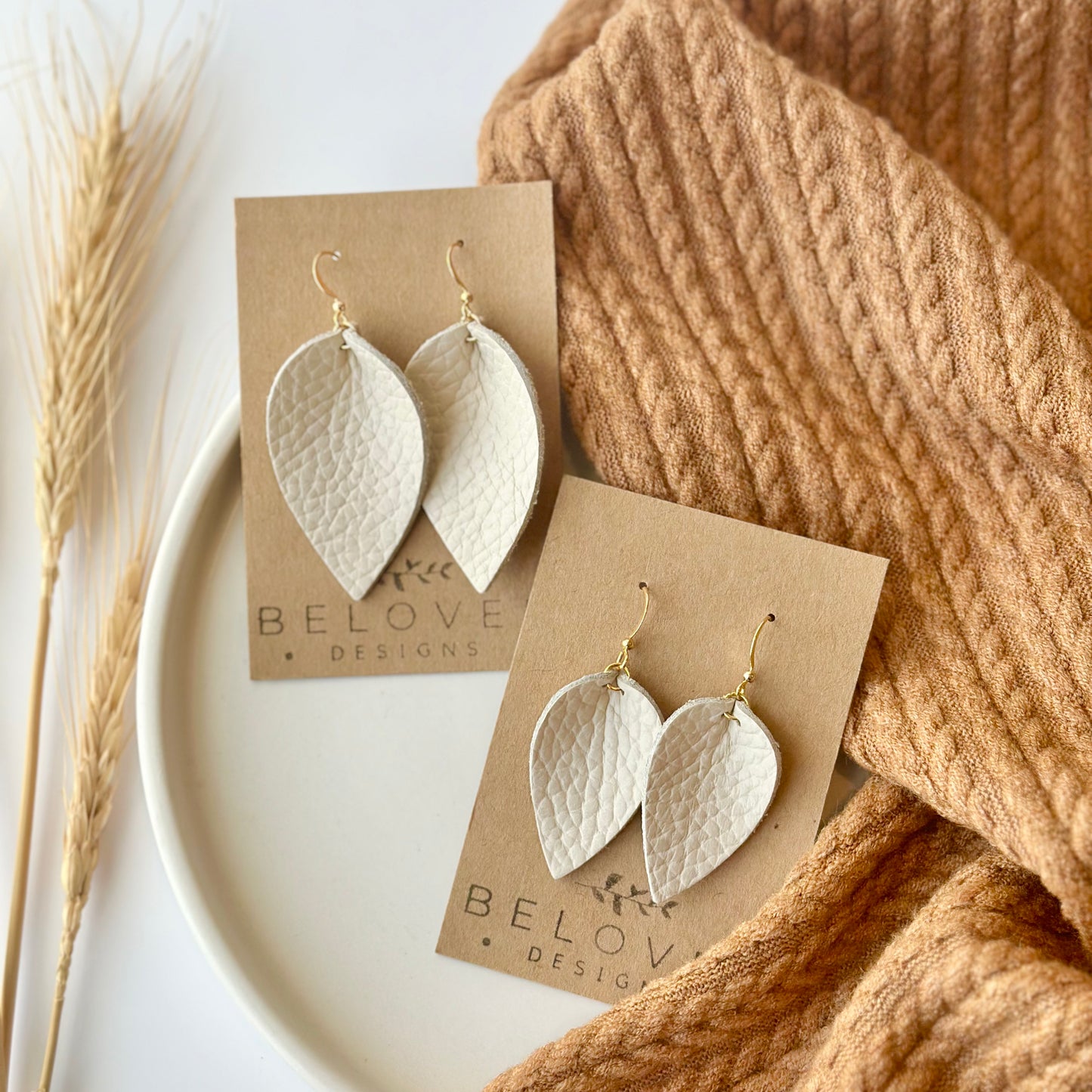 Almond Leather Folded Leaf Earrings - Large