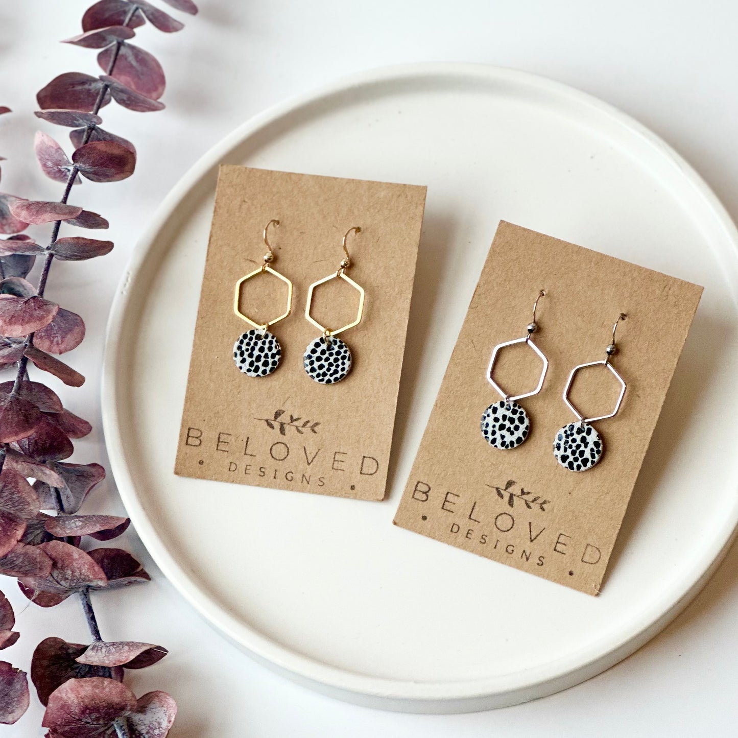 Mini Dalmatian Leather + Hexagon Earrings