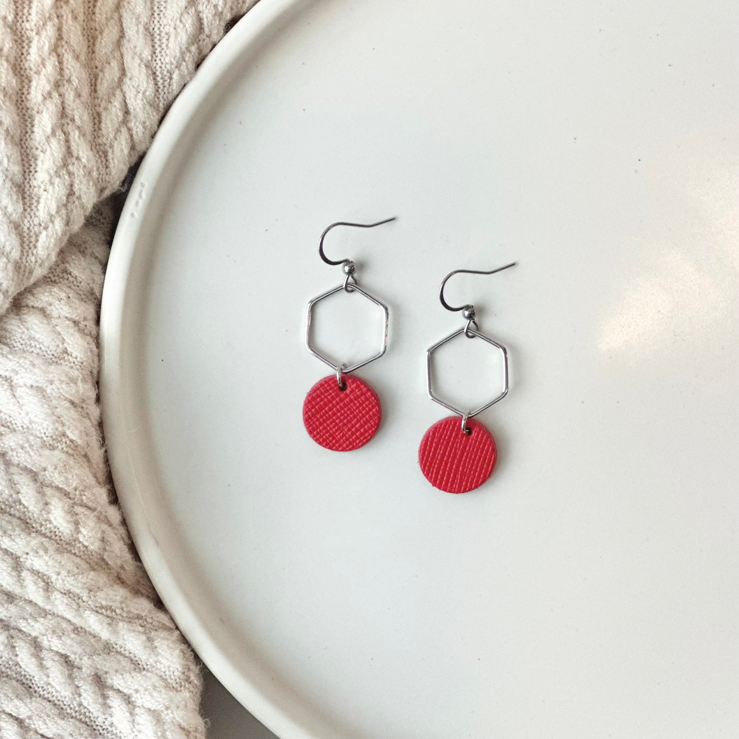 Cherry Red Leather + Hexagon Earrings