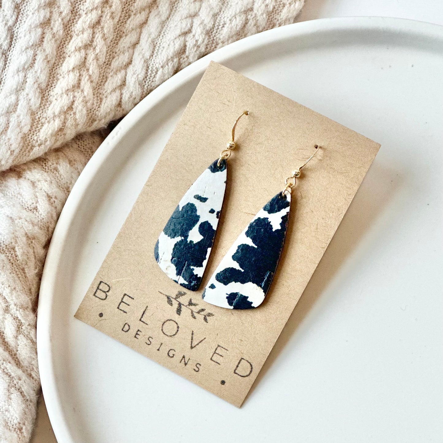 Cow Print Cork Leather Drop Leaf Earrings