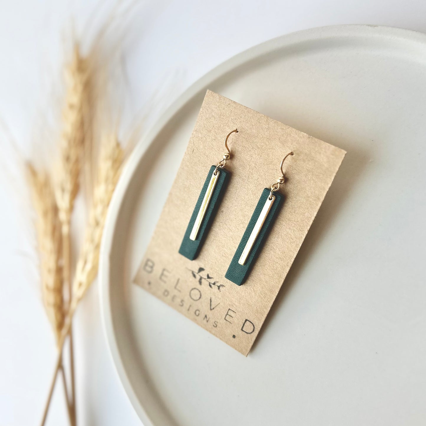 Deep Teal Leather Bar + Gold Bar Earrings