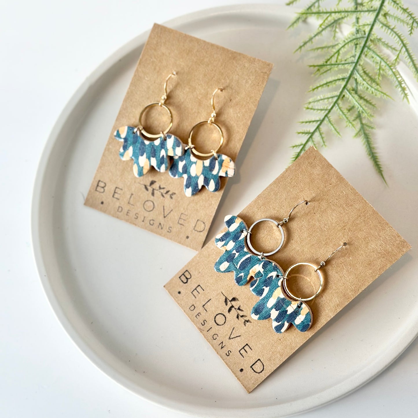 Abstract Teal Cork Leather Flower + Hoop Earrings