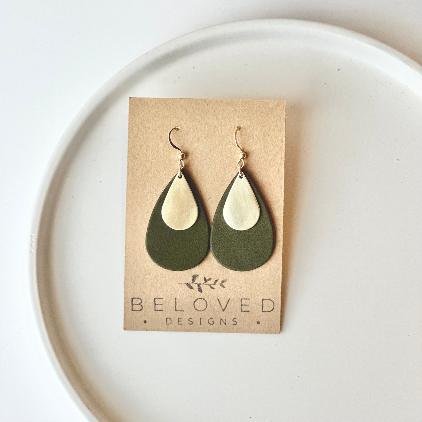 Leather Teardrop +  Brass Earrings | Olive