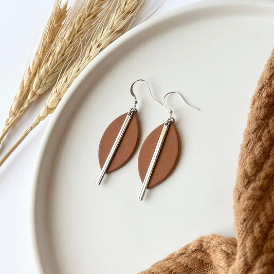 Cognac Leather Leaf + Rhodium Bar Earrings