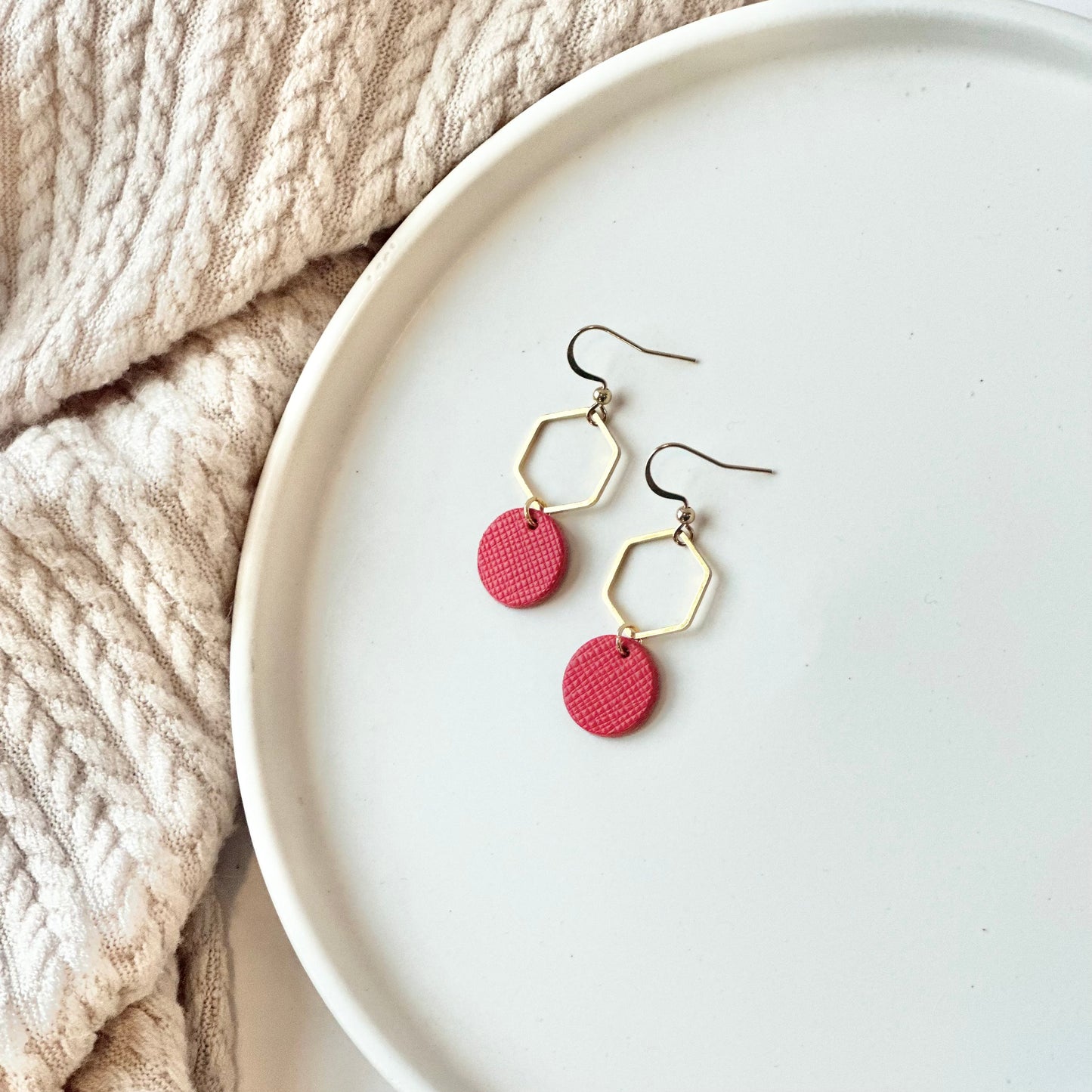 Cherry Red Leather + Hexagon Earrings