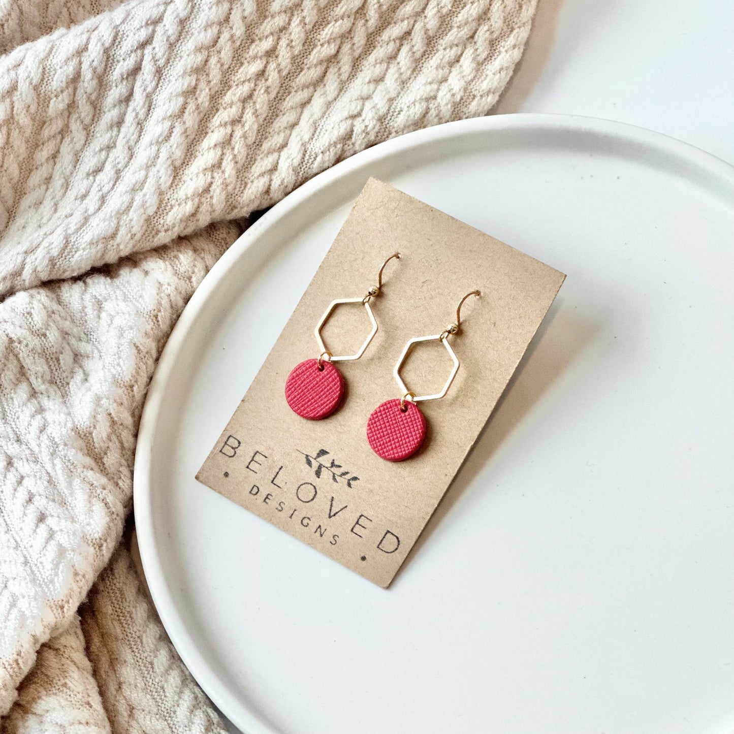 Cherry Red Leather + Hexagon Earrings