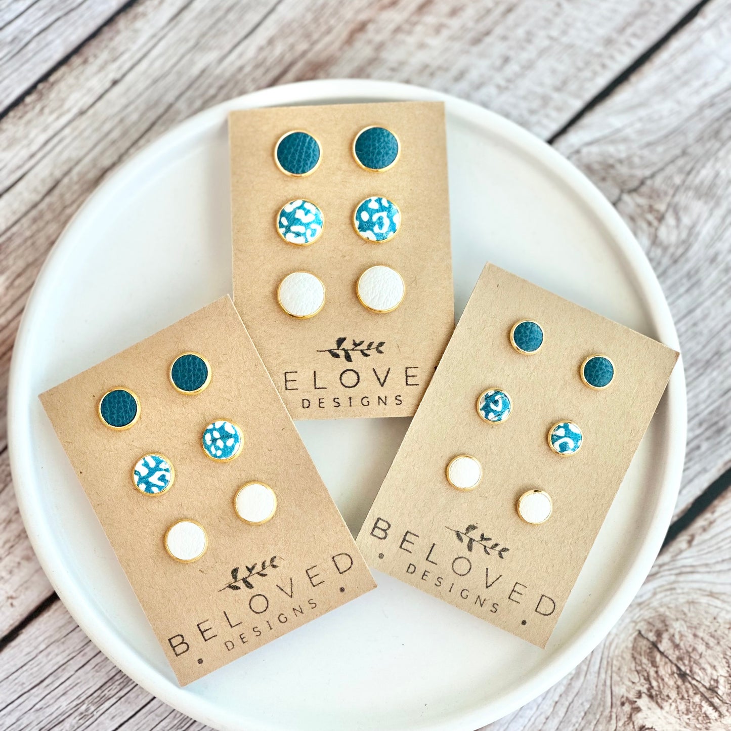 Trio Leather Stud Set - Dark Teal | Teal Leopard | Cream