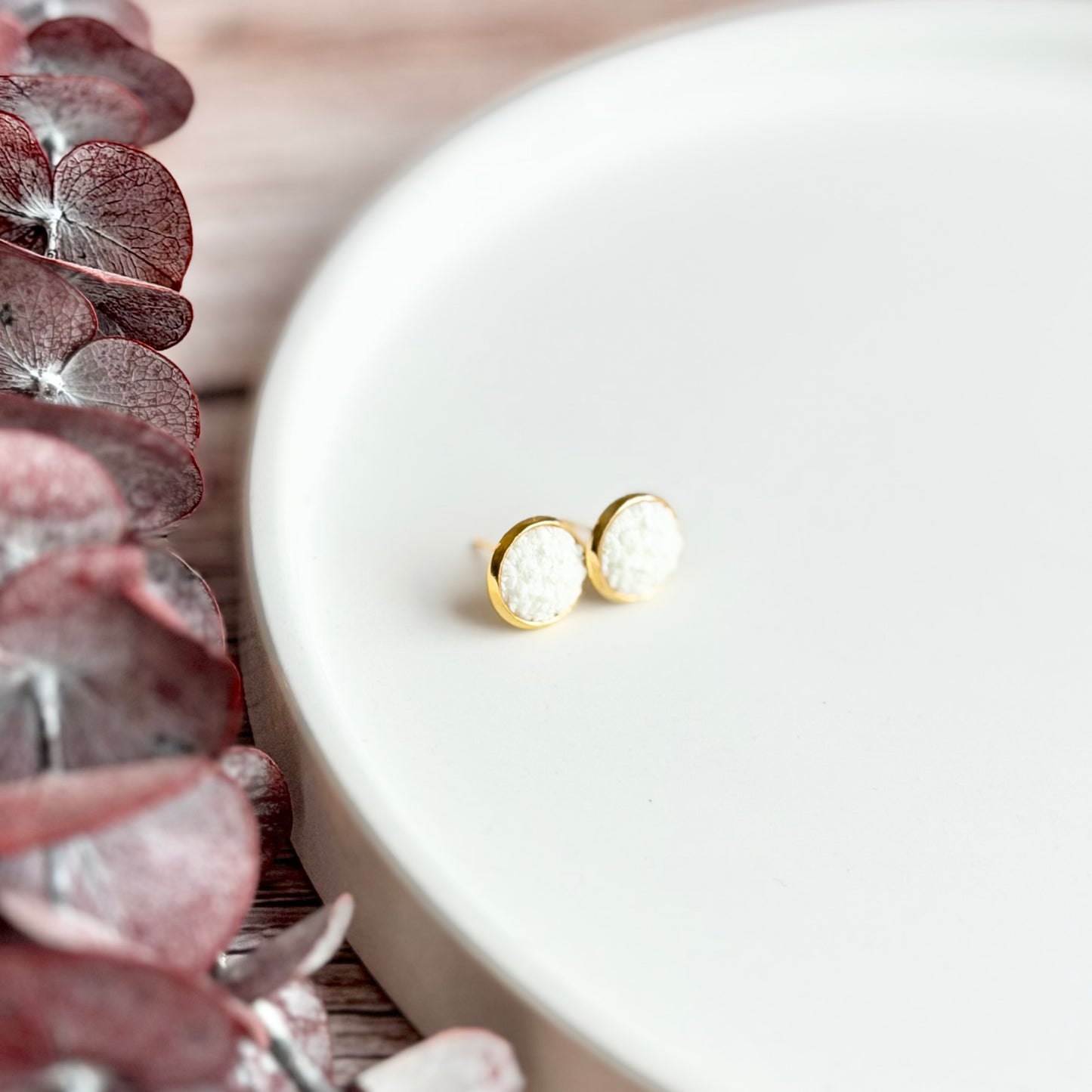 White Sparkle Stud Earrings | 12mm Gold