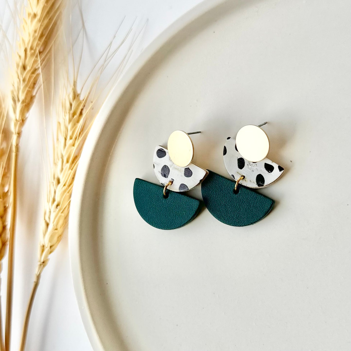 Deep Teal + Dalmatian Leather Double Half Circle + Gold Stud