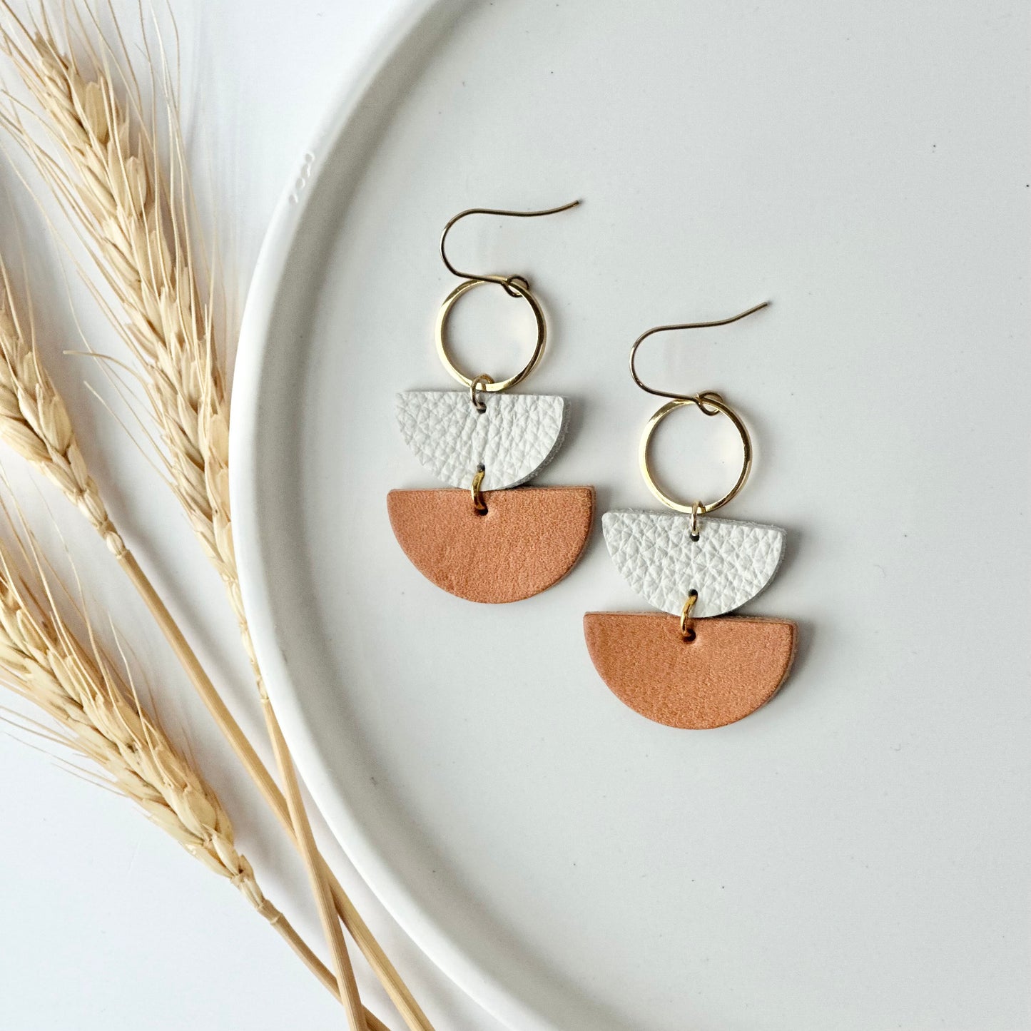 Natural + Cream Leather Half Circle + Hoop Earrings