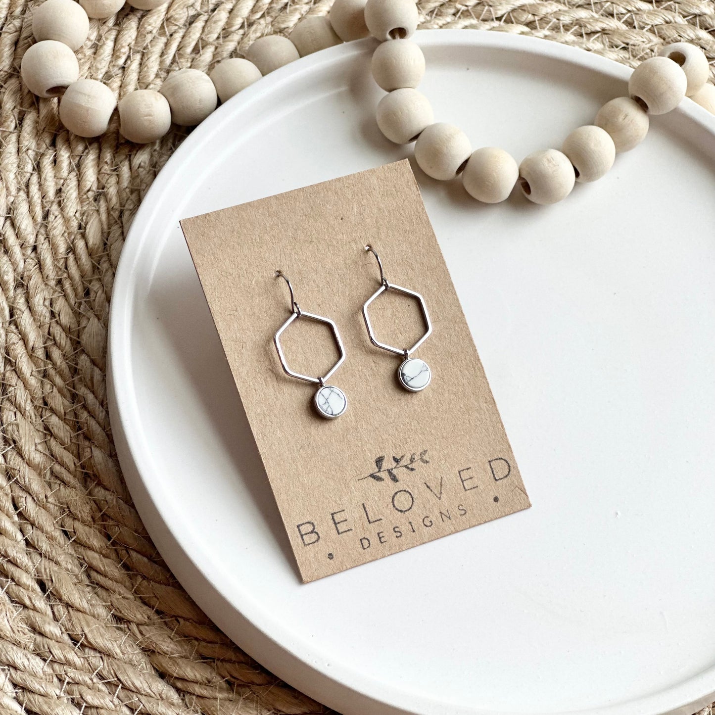 Rhodium Hexagon + Howlite Earrings