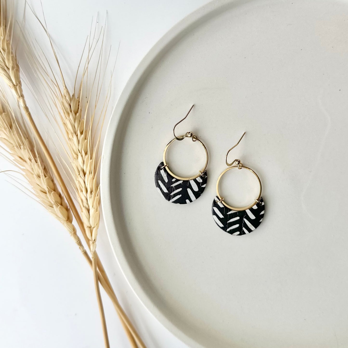 Black and White Chevron Cork Leather Crescent + Hoop Earrings