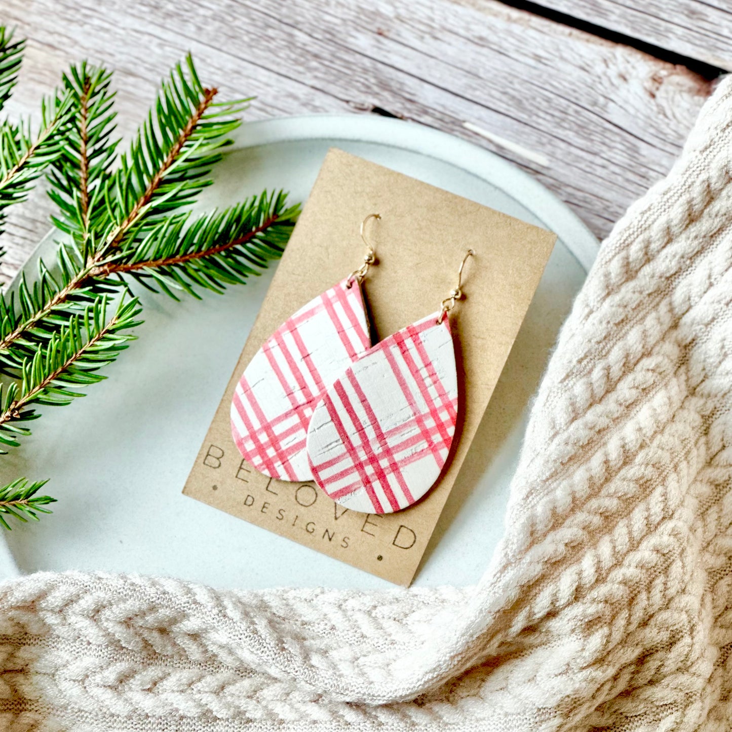 Farmhouse Plaid Cork Leather Teardrop Earrings