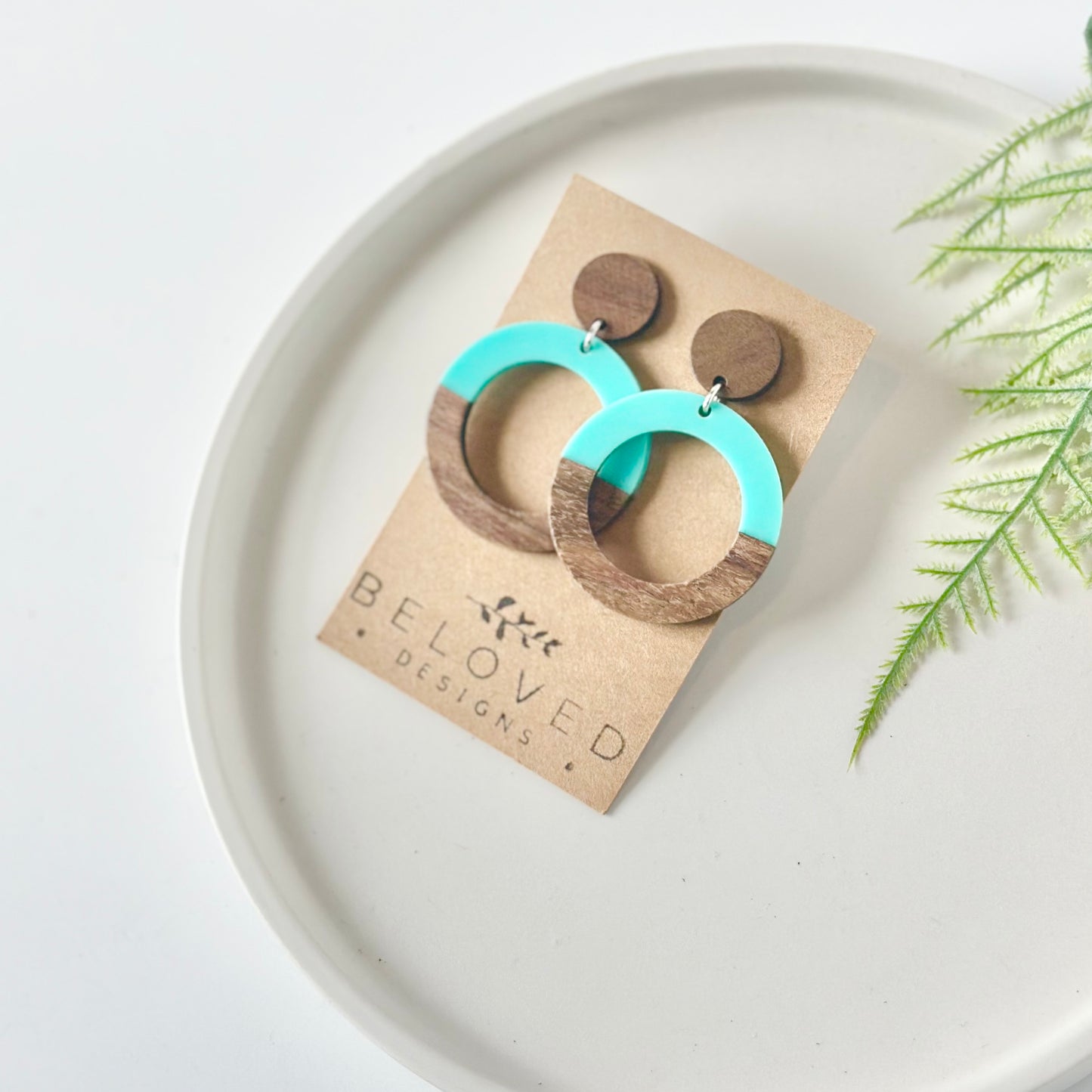 Turquoise Resin Hoop + Wood Stud Earrings