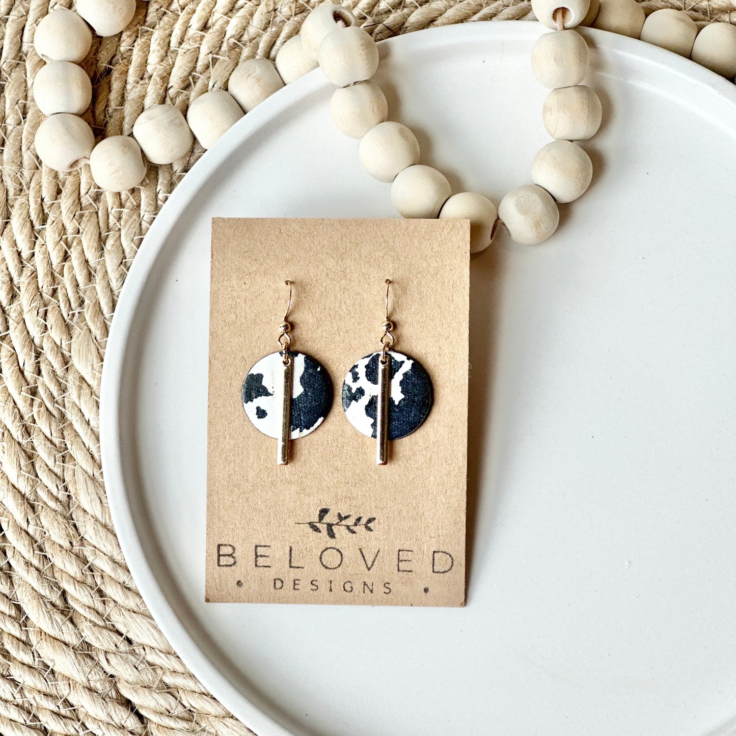 Cow Print Cork Leather Circle + Bar Earrings