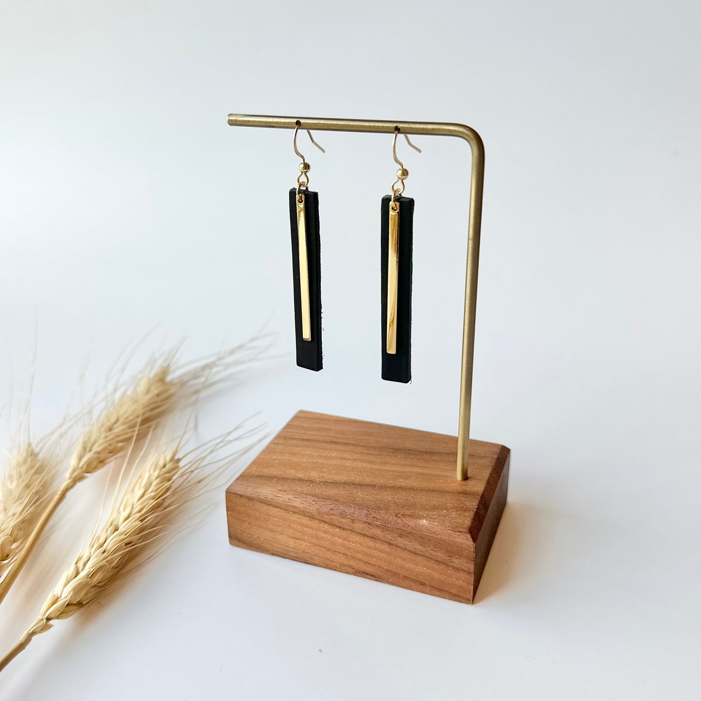 Black Leather Bar + Gold Bar Earrings