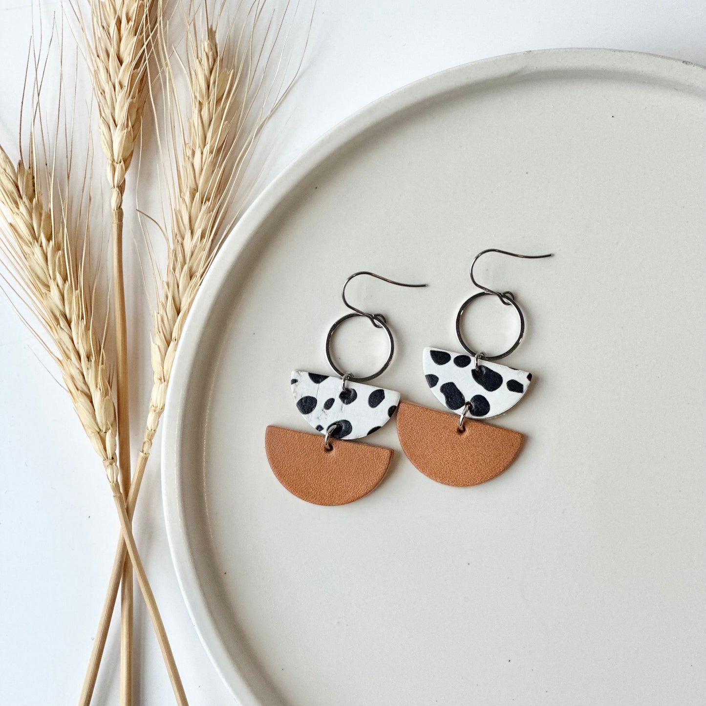 Dalmatian + Natural Leather Half Circle + Hoop Earrings