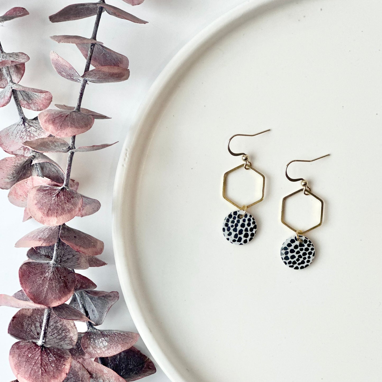 Mini Dalmatian Leather + Hexagon Earrings