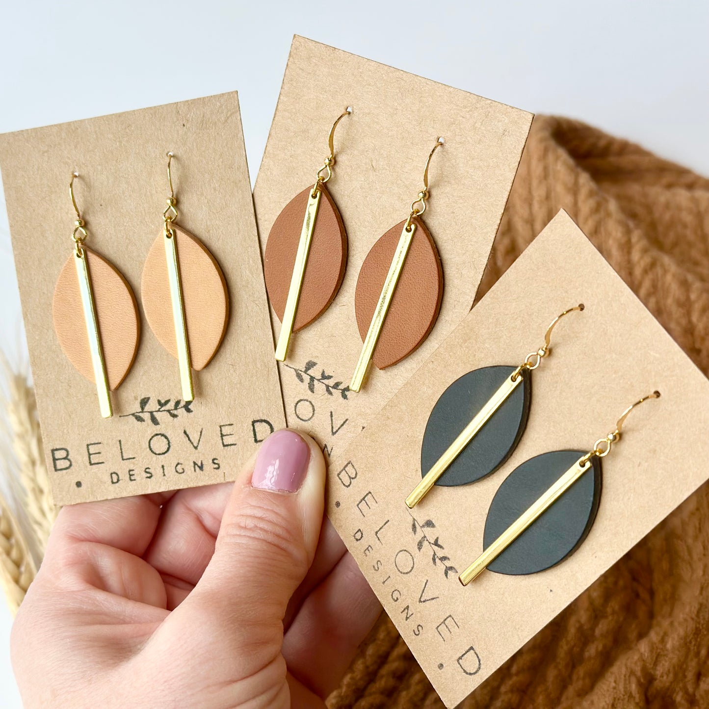 Black Leather Leaf + Gold Bar Earrings