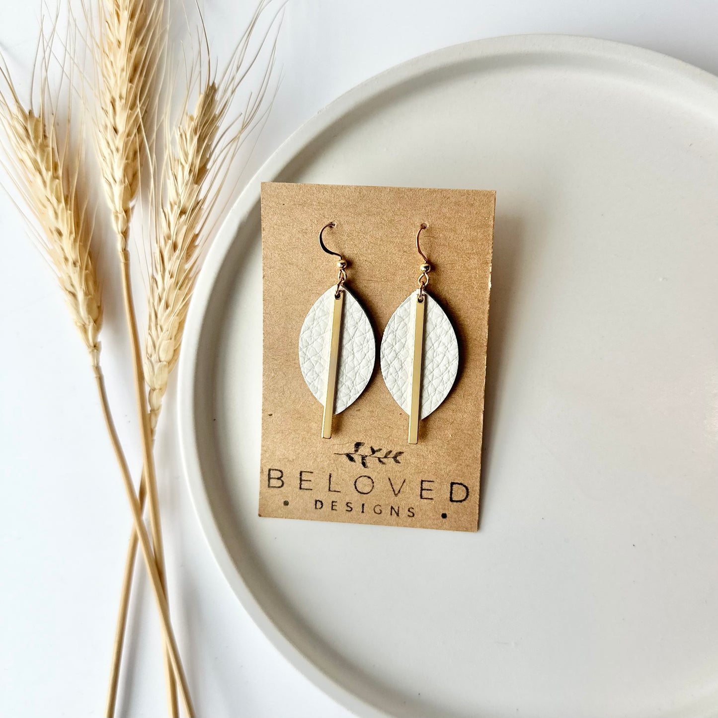 Cream Leather Leaf + Gold Bar Earrings