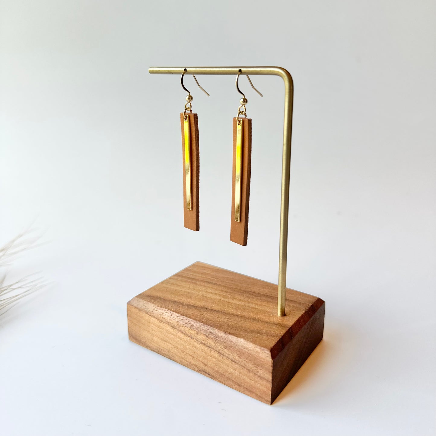 Natural Leather Bar + Gold Bar Earrings