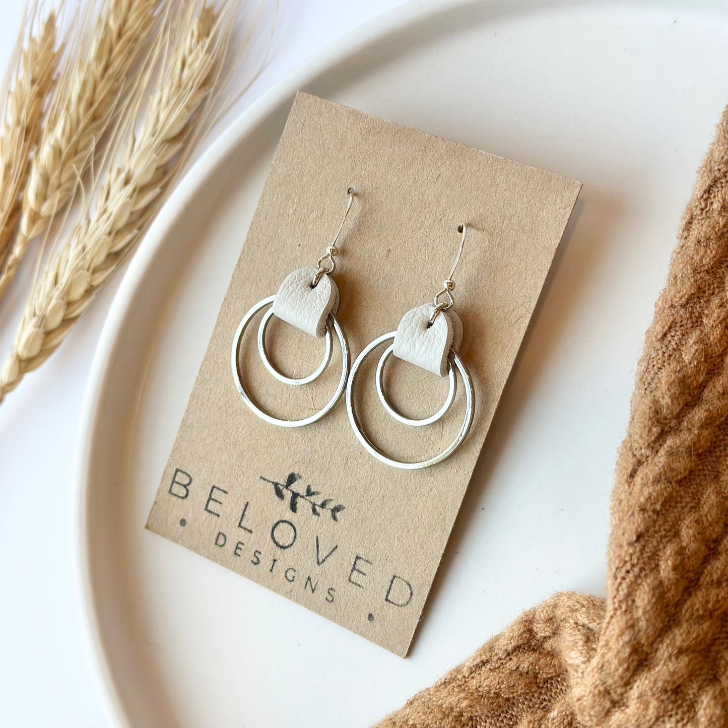 Cream Leather + Double Rhodium Hoop Earrings