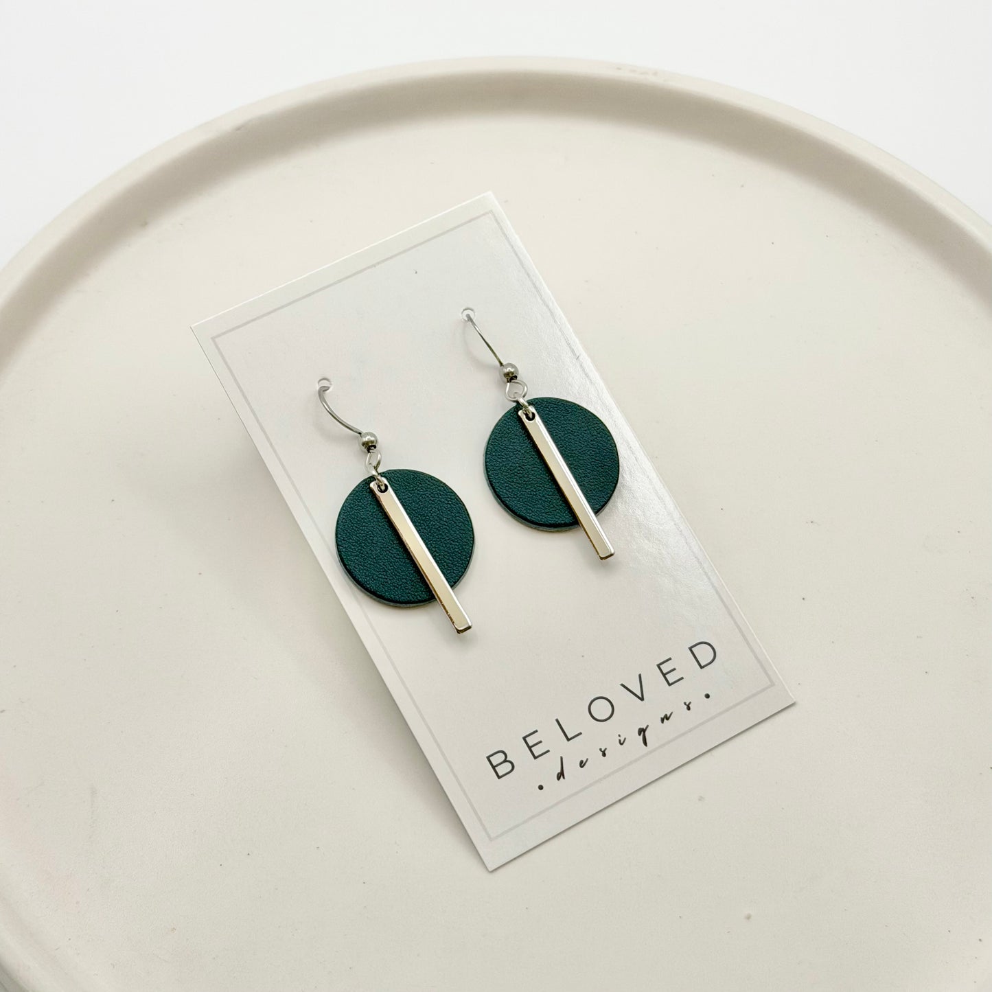 Leather Circle + Rhodium Bar Earrings | Teal