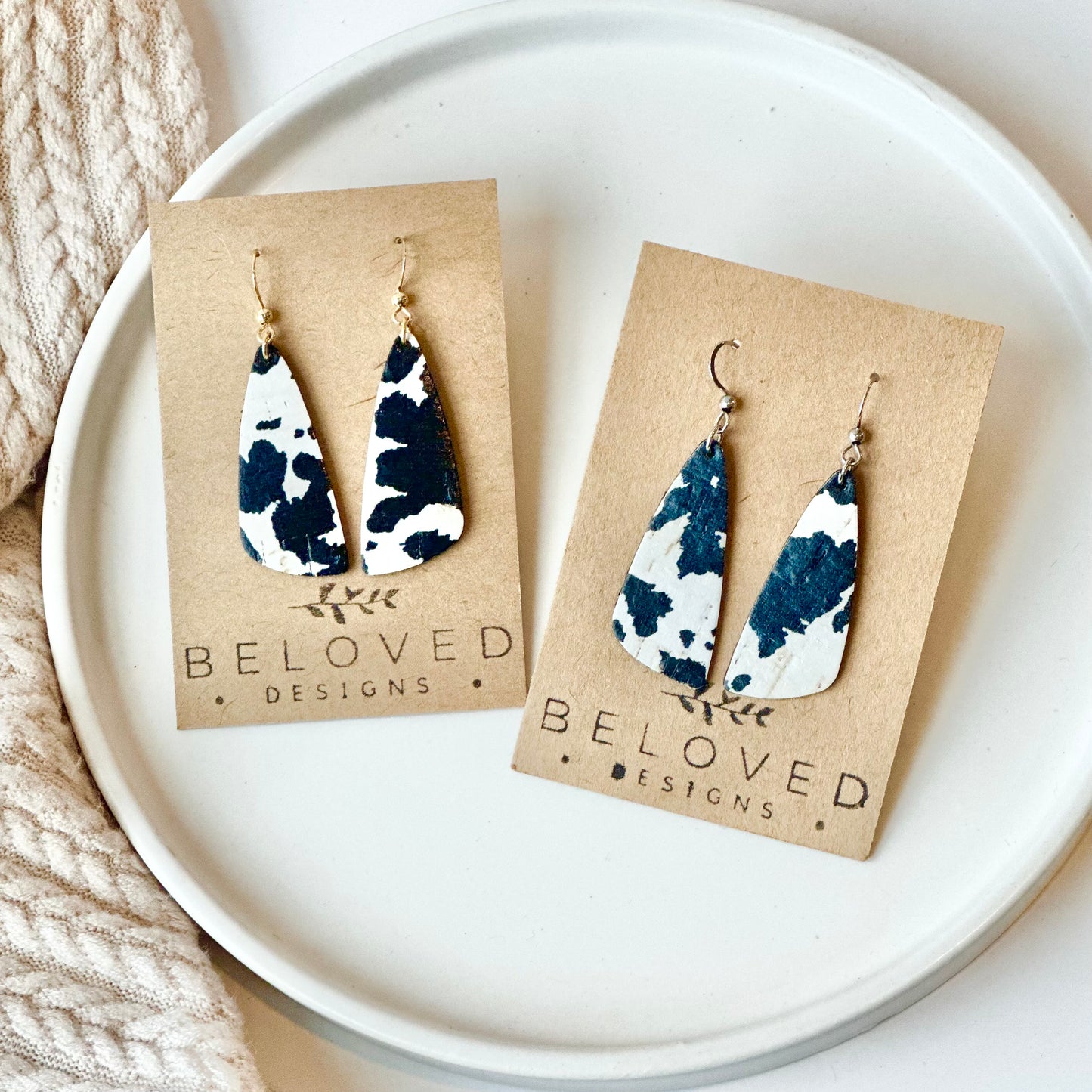 Cow Print Cork Leather Drop Leaf Earrings