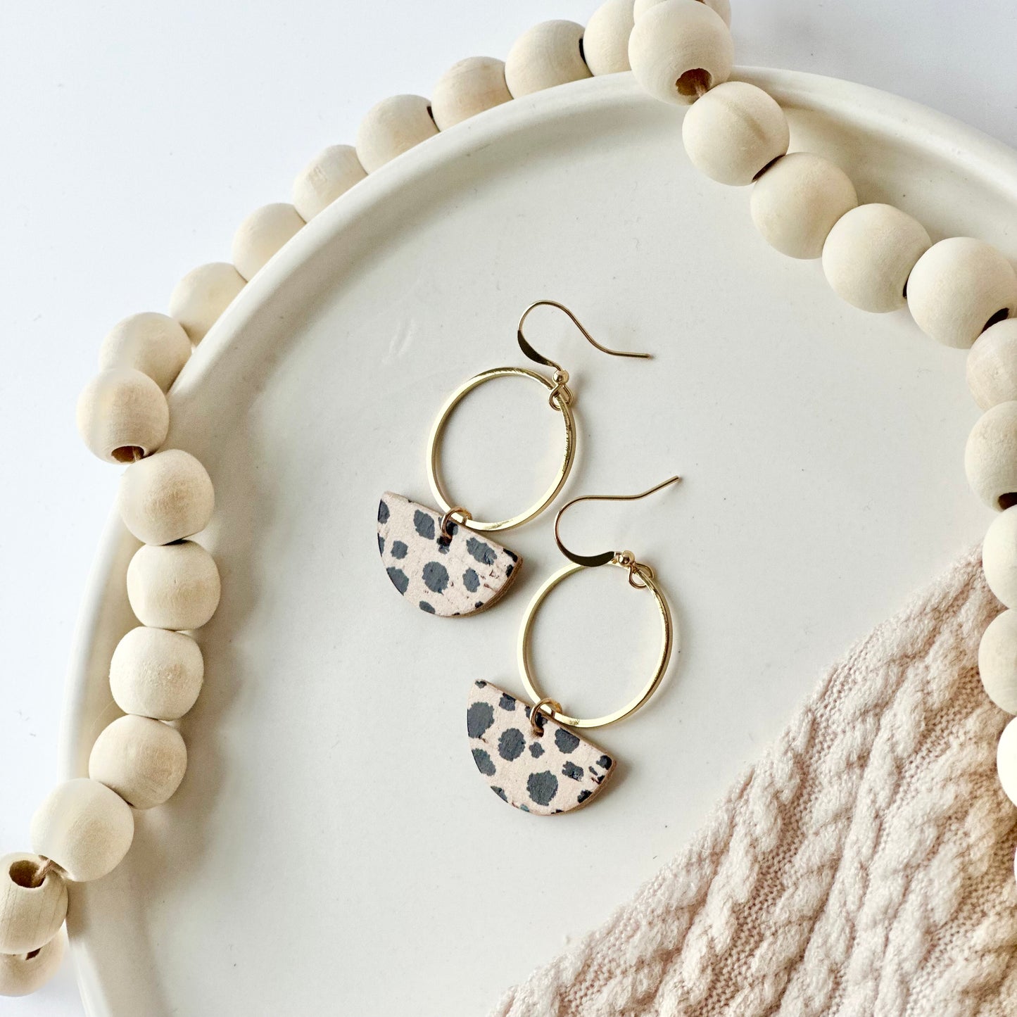 Beige Leopard Half Circle + Hoop Earrings