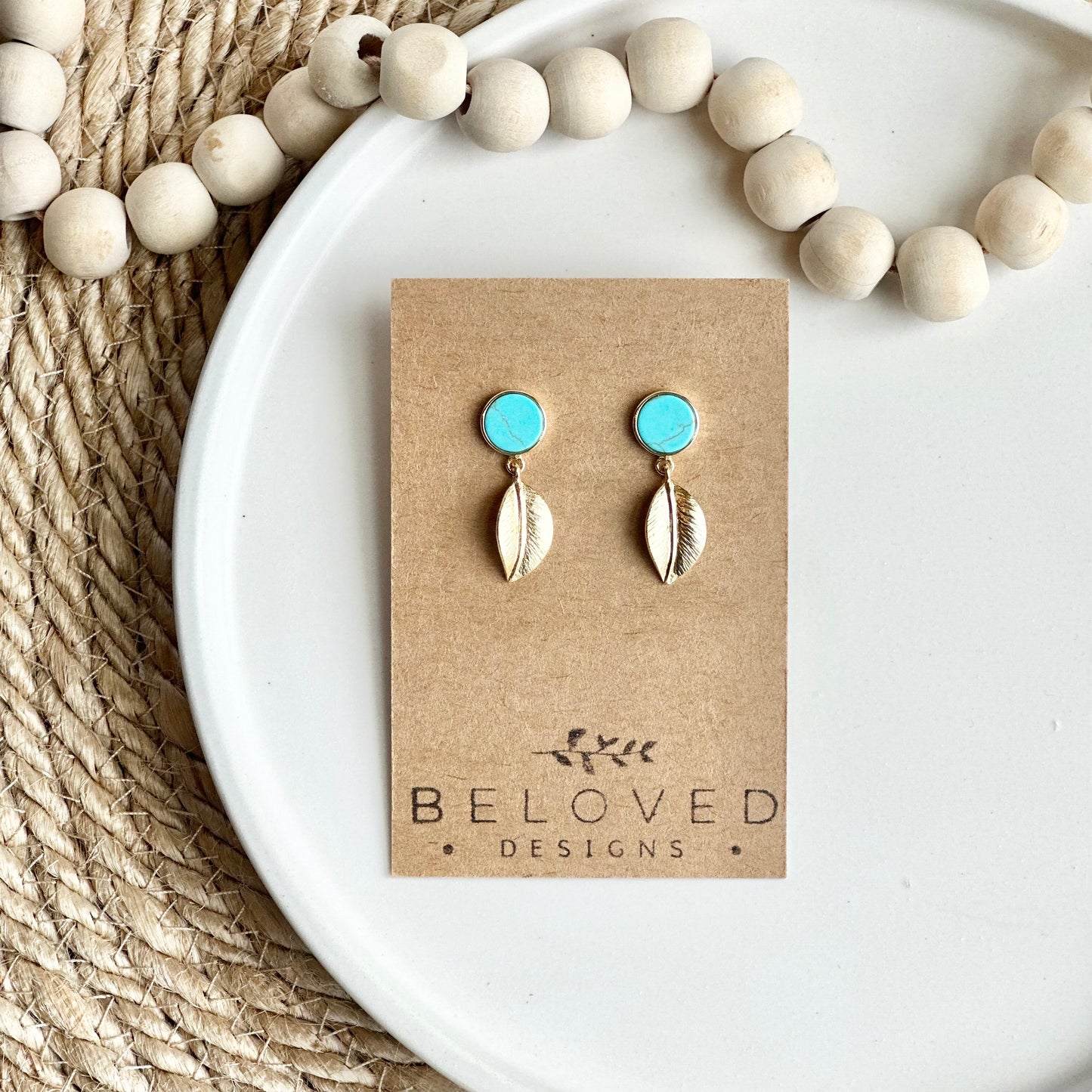 Turquoise Howlite Stud + Gold Leaf Earrings