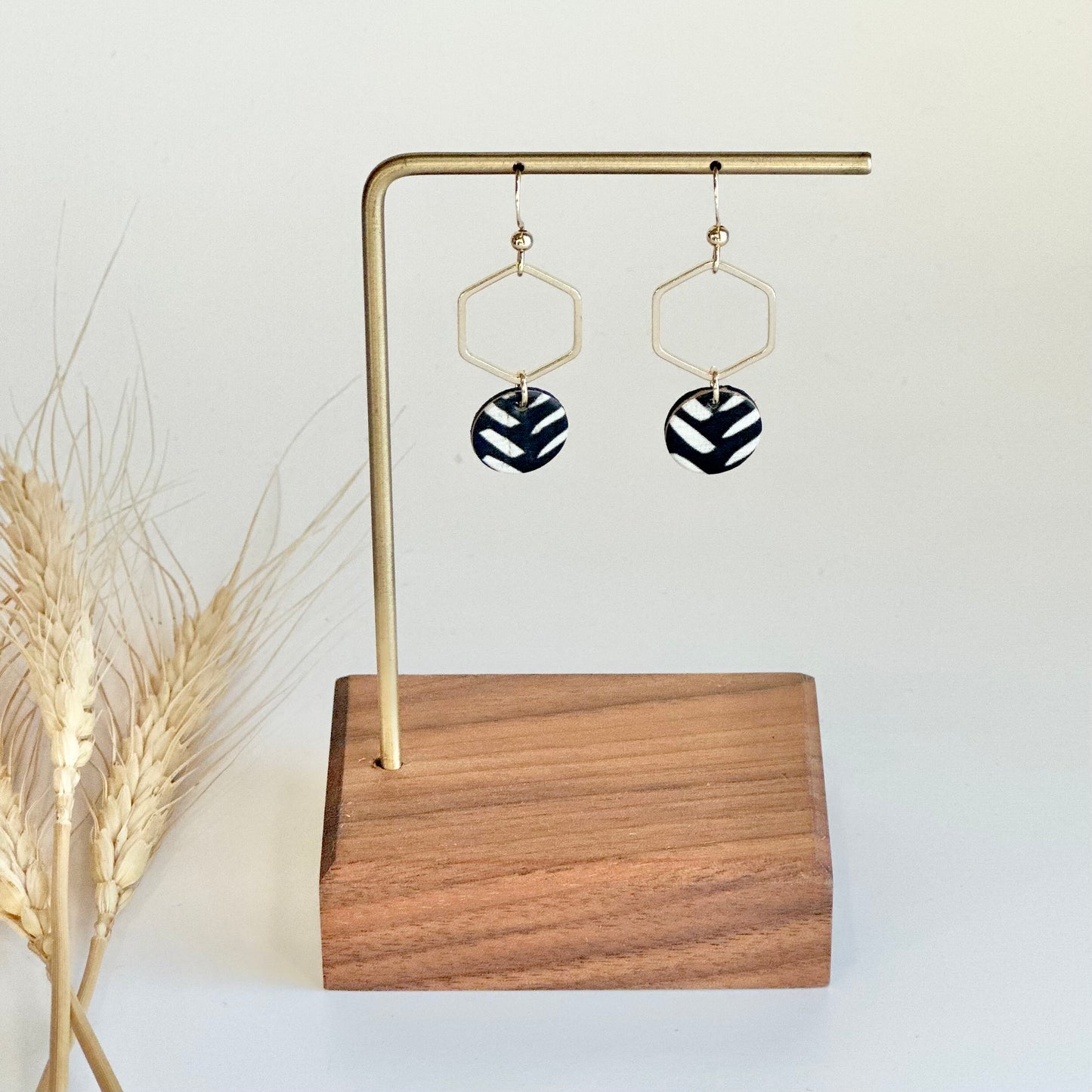 Black and White Chevron Cork Leather + Hexagon Earrings