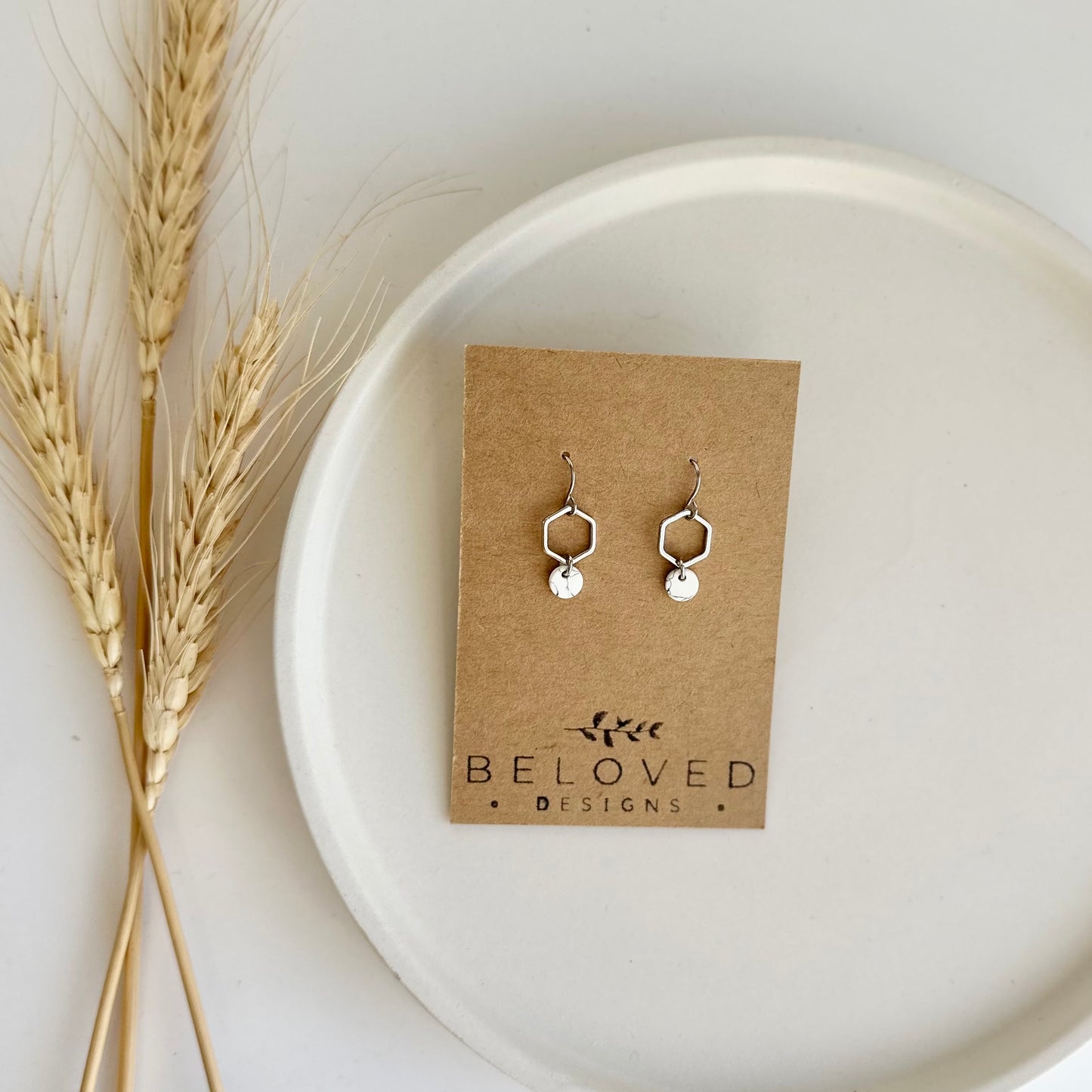 Petite Rhodium Hexagon + Howlite Earrings