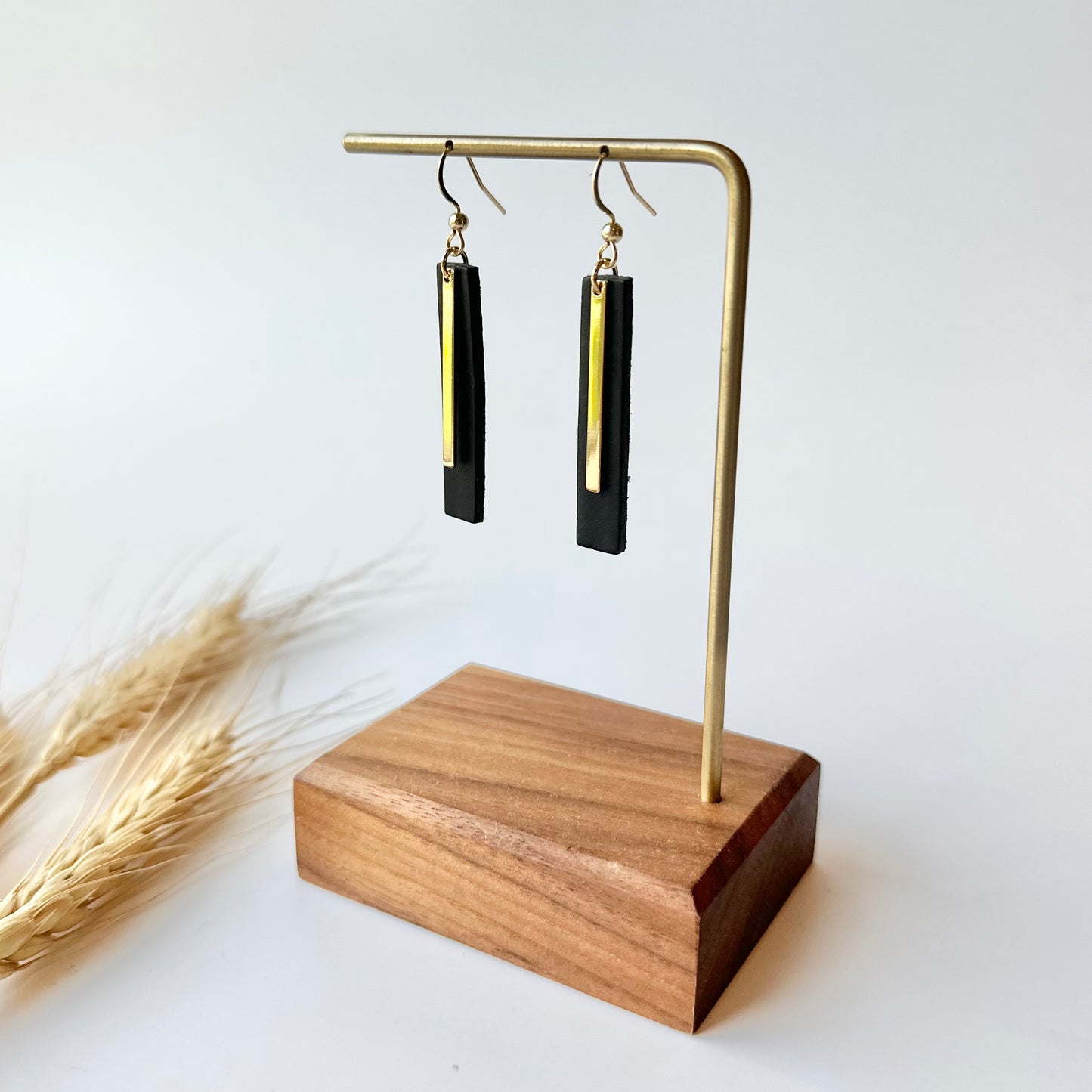 Black Leather Bar + Gold Bar Earrings