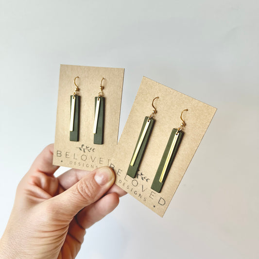 Olive Leather Bar + Gold Bar Earrings