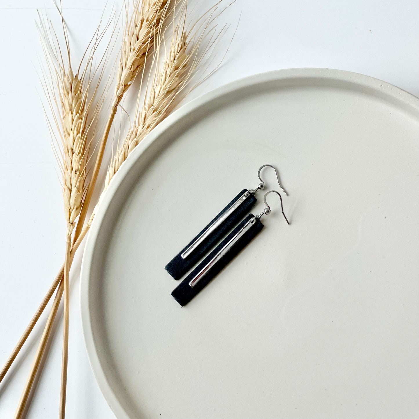 Black Leather Bar + Rhodium Bar Earrings